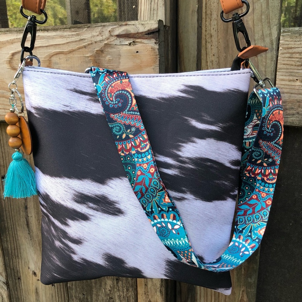 New Western Canvas Cowhide Cow Print Crossbody Cell Phone Bag Purse Keychain